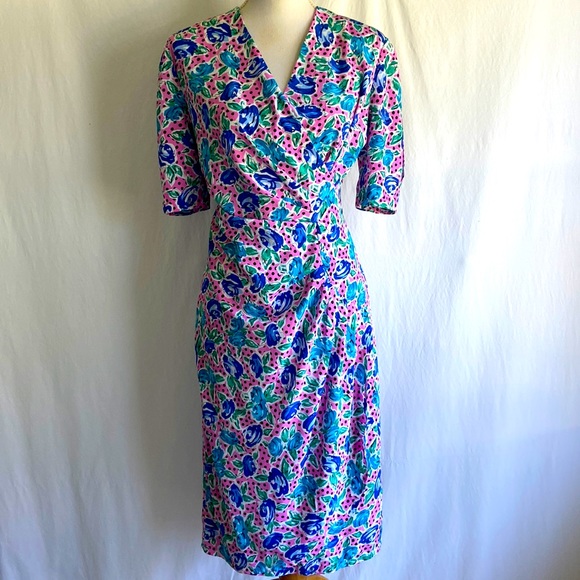 Vintage Dresses & Skirts - Vintage 1980s Pink Polka Dot Floral Cocktail Dress Sz 10